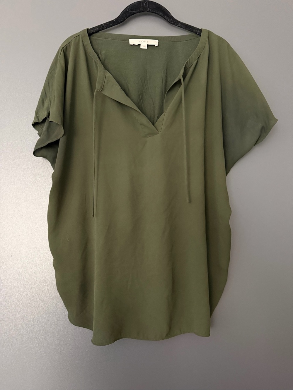 LOFT Olive Green V-Neck Tie Front Blouse